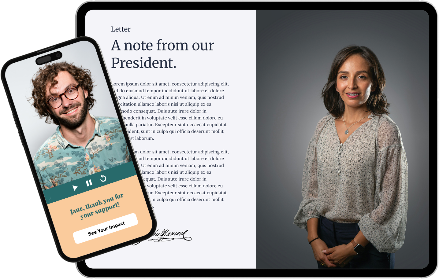 A tablet show a digital president's letter. And a phone showing a personalized video thumbnail.