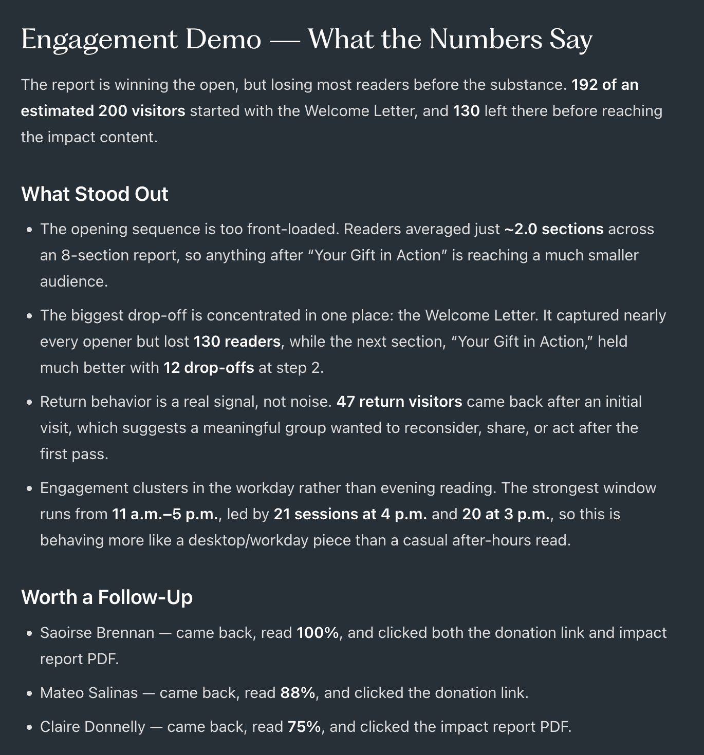A summary in Storyraise’s donor analytics software, outlining what stood out in the engagement data and who to follow up with