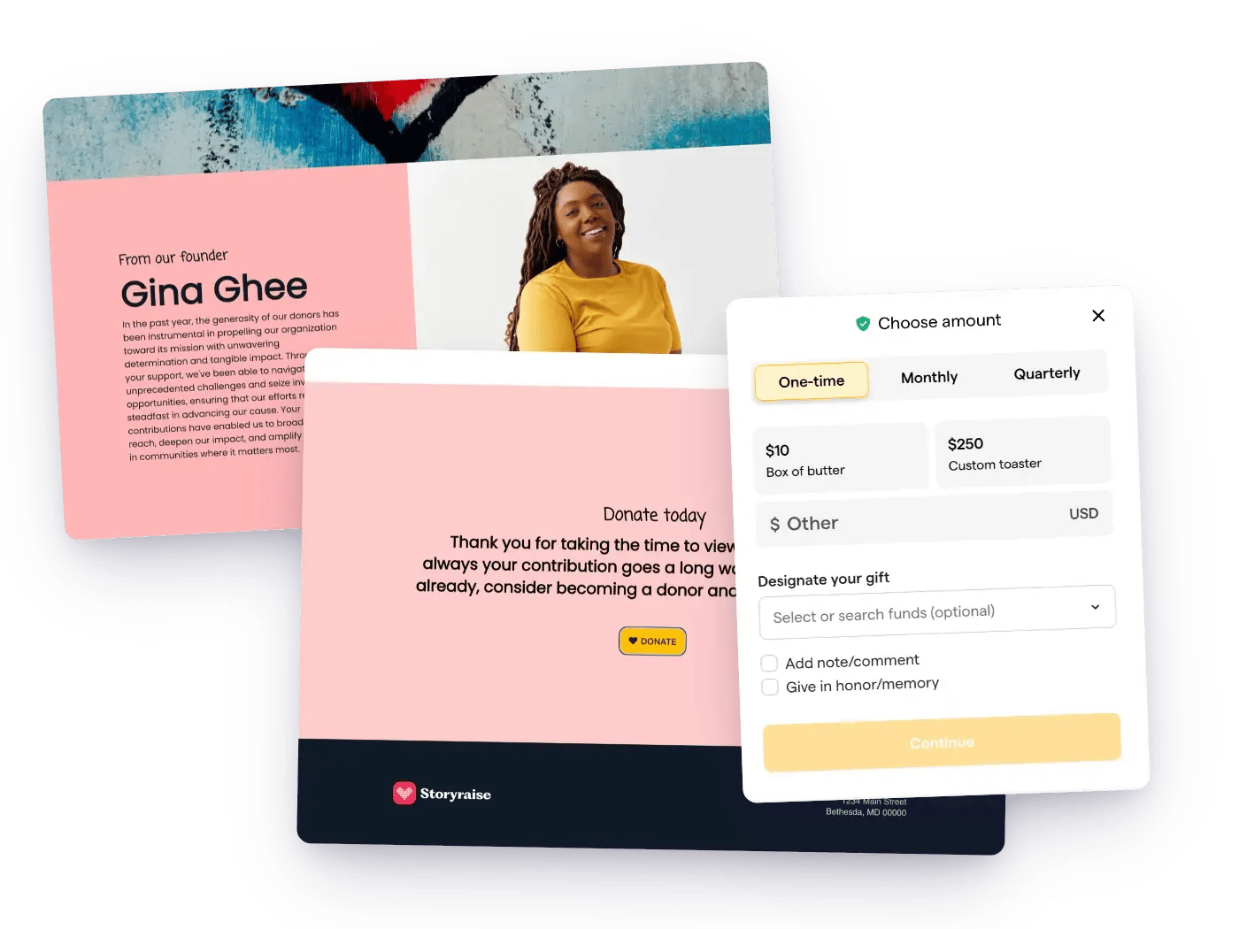 Layered preview of a personalized donation report, thank-you note, and donation widget built with Storyraise.