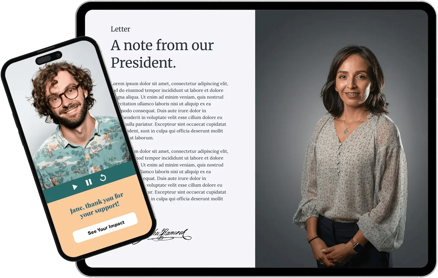 A tablet show a digital president's letter. And a phone showing a personalized video thumbnail.