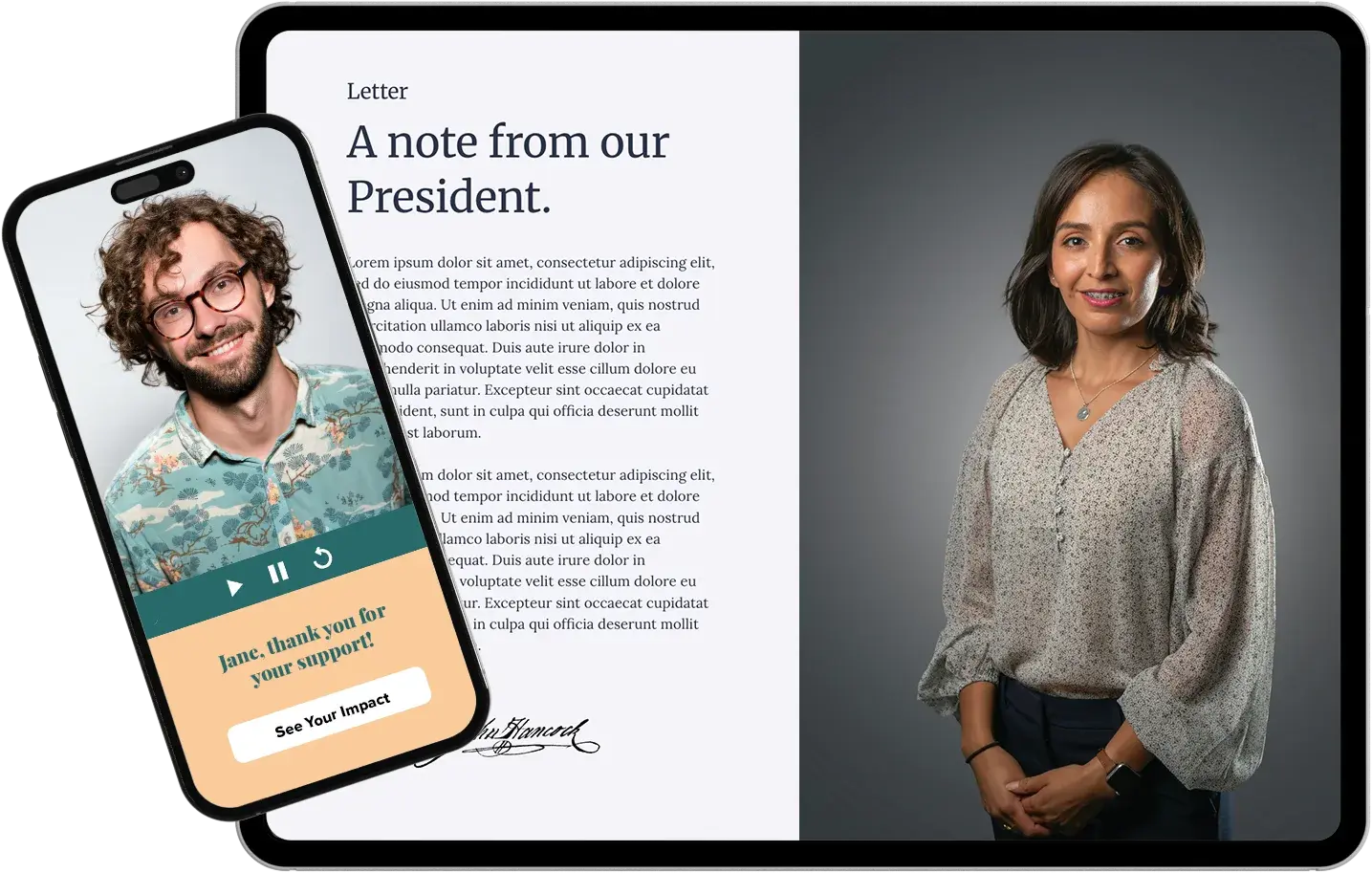 A tablet show a digital president's letter. And a phone showing a personalized video thumbnail.