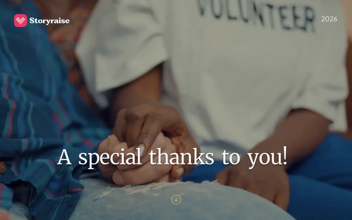 A Storyraise thank-you note landing page with a warm hero photo of two hands clasped.